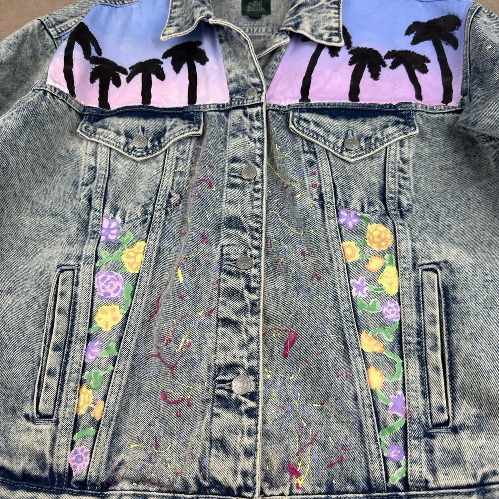 Wild Fable Denim Jacket Women L Acid Wash Palm Tree‎ Floral Painted Retro Art - Picture 3 of 16